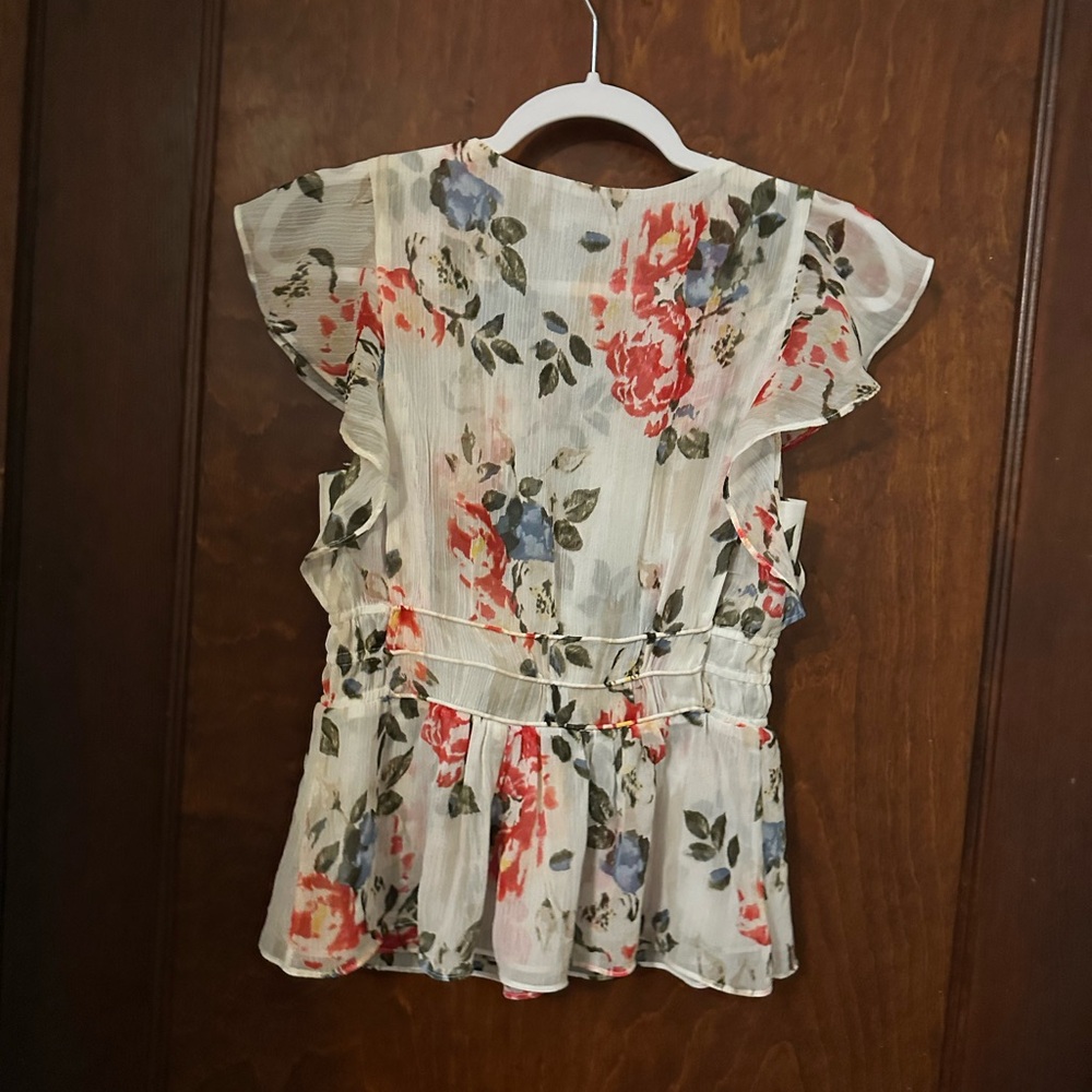WHBM Flutter-Sleeve Blouse with Waist Detail Floral Print XXS - Picture 3 of 6